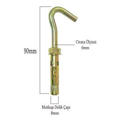 Açık Kancalı Çelik Dübel Halkalı Beton Dübeli M6x90 (8mm) -10 adet