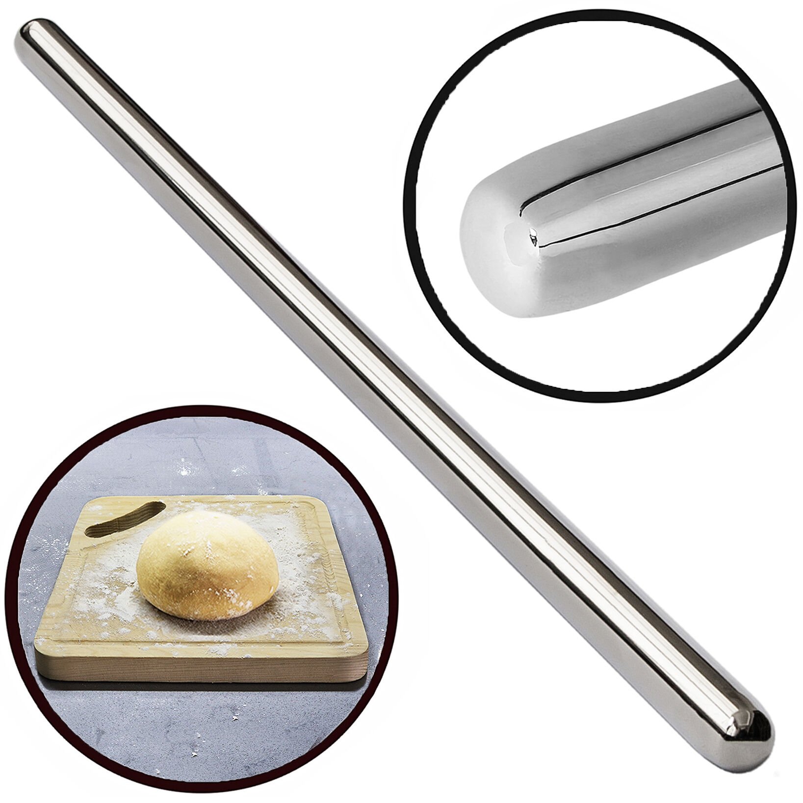 60cm Çelik Oklava 304 Kalite Paslanmaz Çelik Krom Metal Sihirli Hamur Börek Baklava Yufka Açma Oklavası