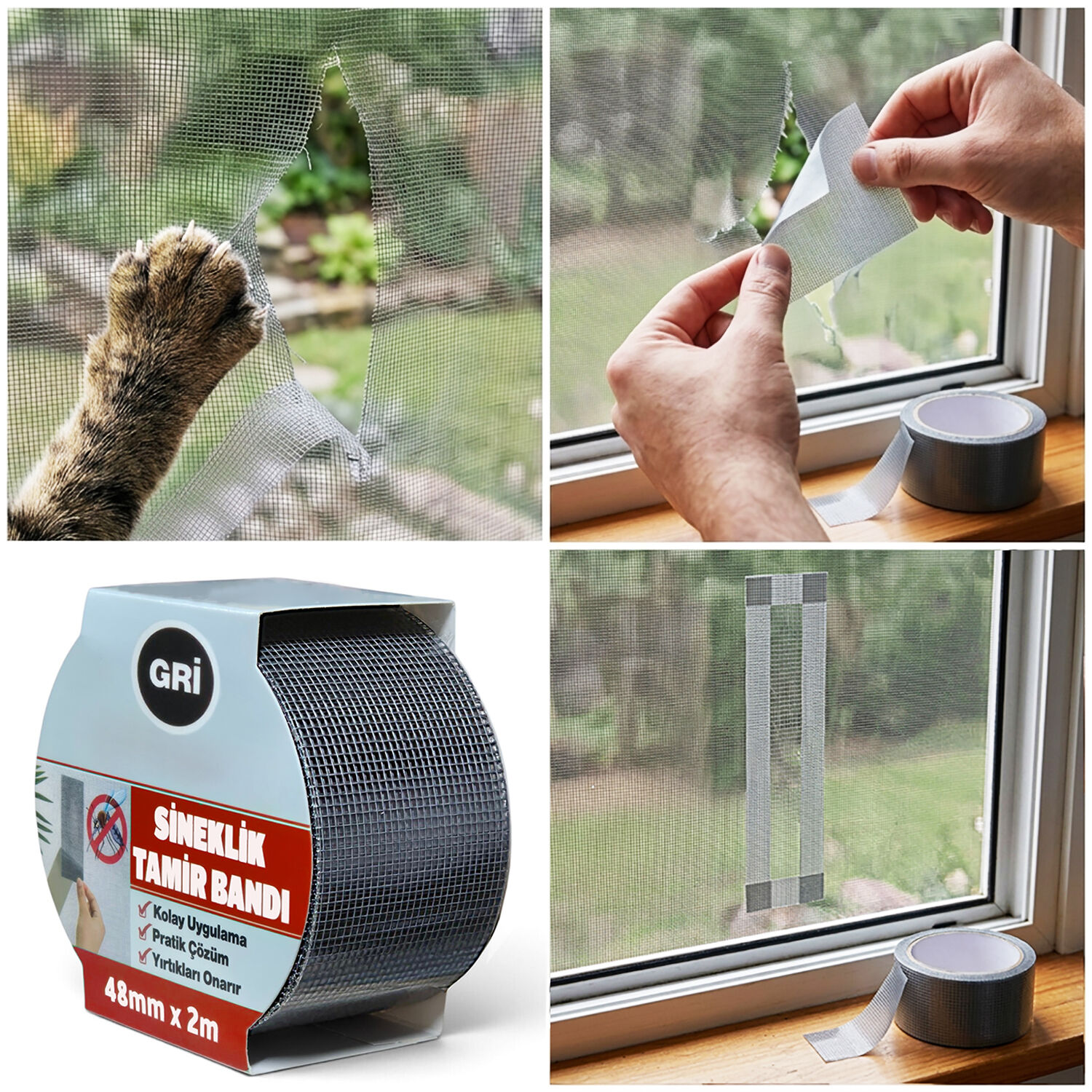 Yapışkan Sineklik Tülü Tamir Bandı 2 Metre x 48 mm Sinek Teli Yaması Yırtık Delik Onarım Bantı