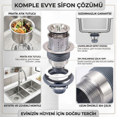 Derin Sepetli Büyük Mutfak Evye Lavabo Çöpmak Sifonu Paslanmaz Geniş Süzgeç Gider Borusu
