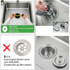 Derin Sepetli Büyük Mutfak Evye Lavabo Çöpmak Sifonu Paslanmaz Geniş Süzgeç Gider Borusu