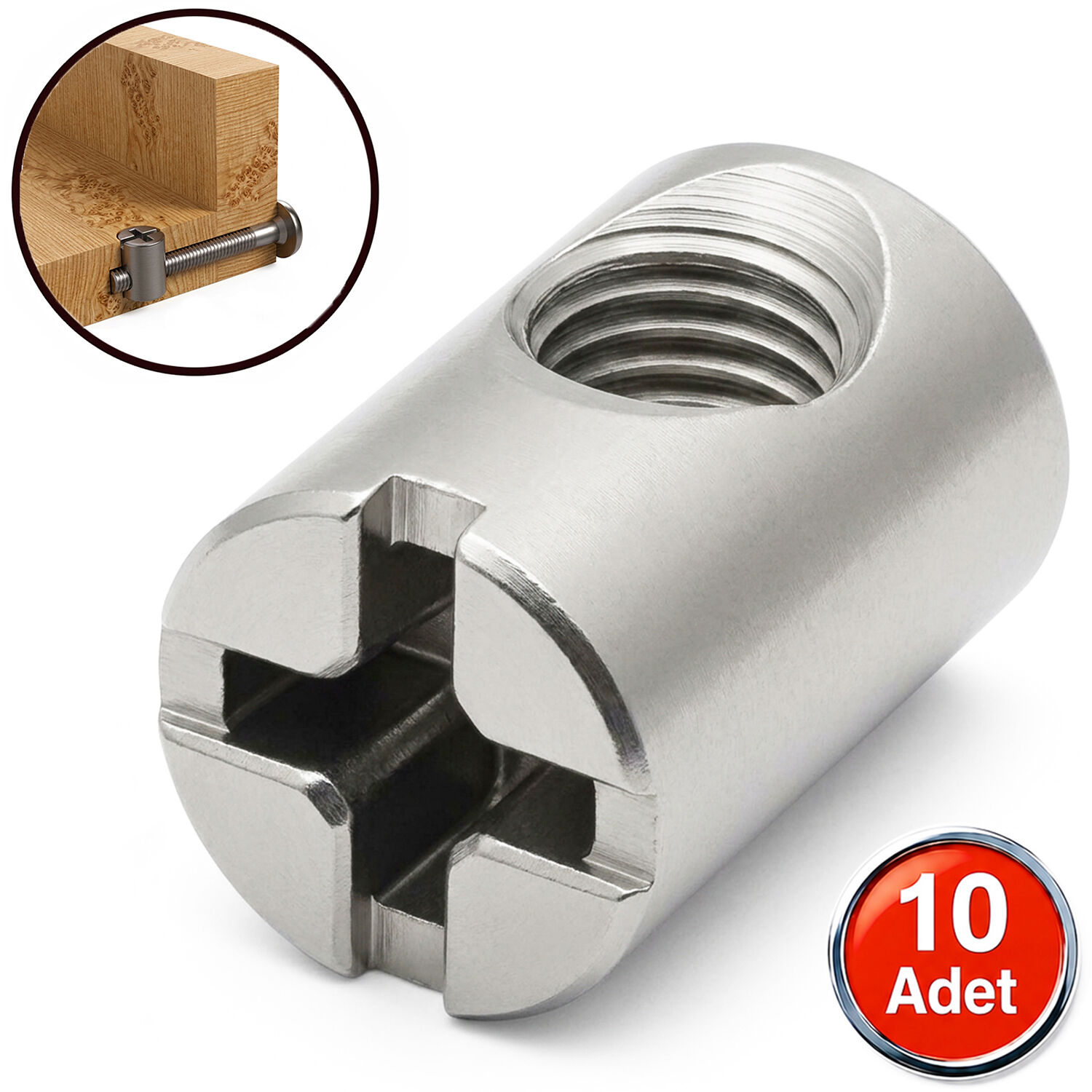 M6 Silindir Somun 10mmx14mm Mobilya Dolap Birleştirme Bağlantı Çektirme Somunu -10 Adet (vidasız)