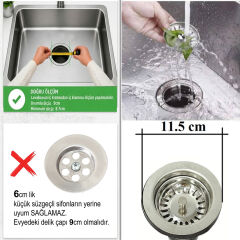 Derin Büyük Mutfak Evye Lavabo Çöpmak Sifonu Paslanmaz Geniş Süzgeç Gider Borusu