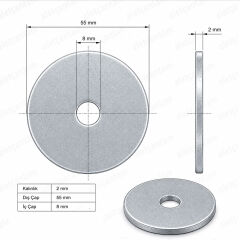 55mm Büyük Kalın Demir Pul Galvanizli Şase Vida Civata Pulu -10 Adet